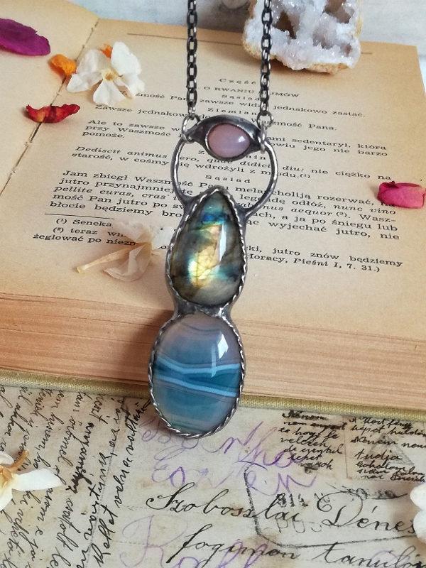 Hochzeit - Labradorite pendant, Rose Quartz, Shiny Labradorite, Agate, Labradorite jewelry,retro necklace,boho hand made positive energy
