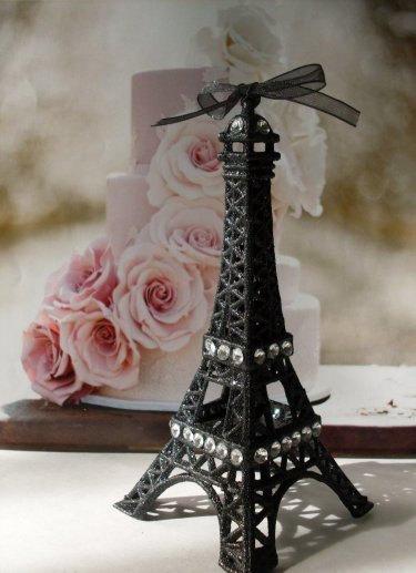 زفاف - Wedding Cake Topper Black Eiffel Tower with Rhinestone Borders 5 1/2 inches tall,  We Ship Internationally