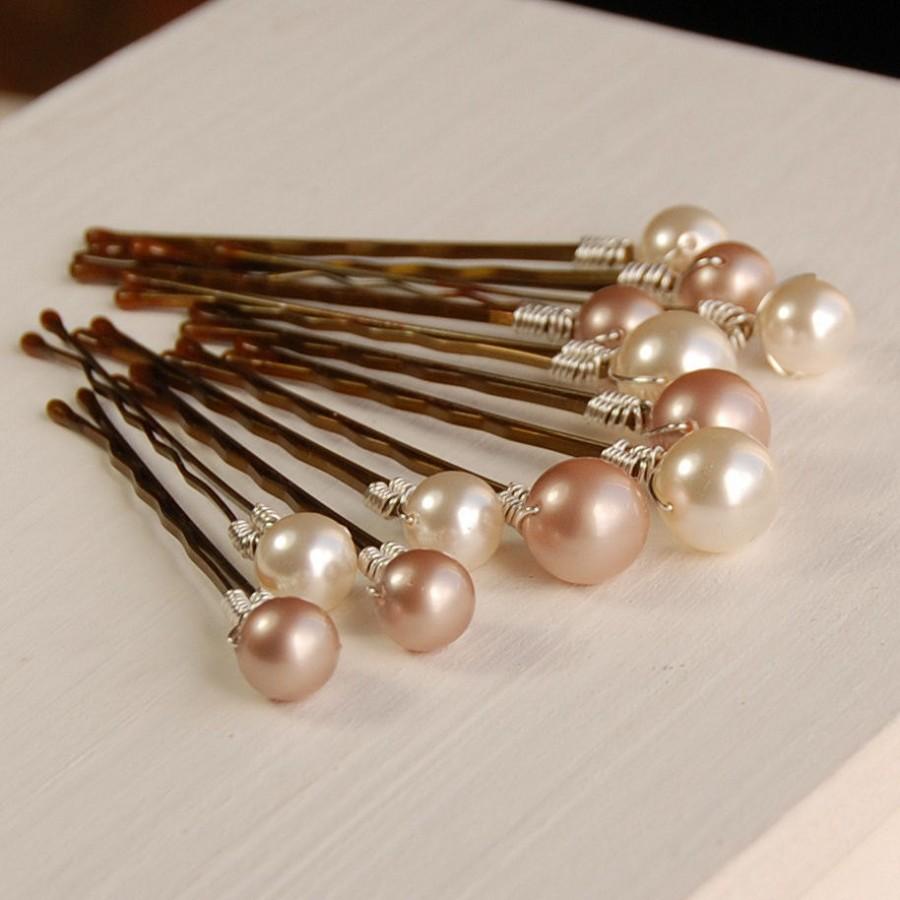 Wedding - Champagne Pearl Bobby Pins, Champagne Hair Accessory, Powder Almond & Ivory Swarovski Pearls on Bronze Pins, 10 mm and 8 mm sizes, Set of 12