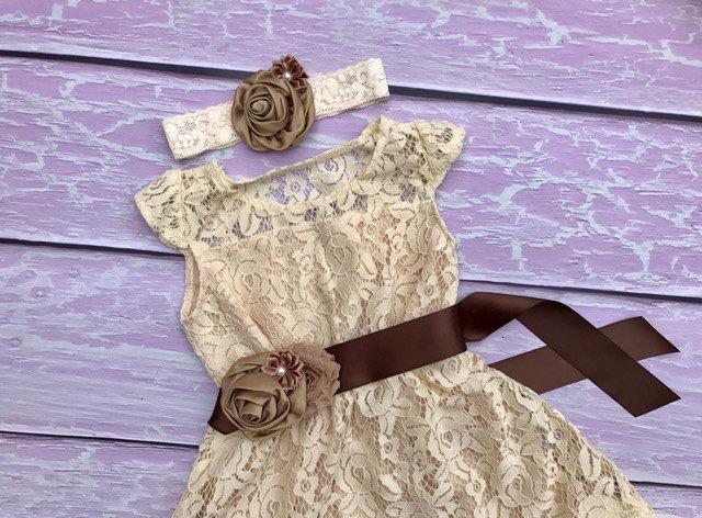 Wedding - Flower girl dress. Champagne flower girl dress. Rustic flower girl dress. Toddler girl dress. Country rustic dress. Lace dress