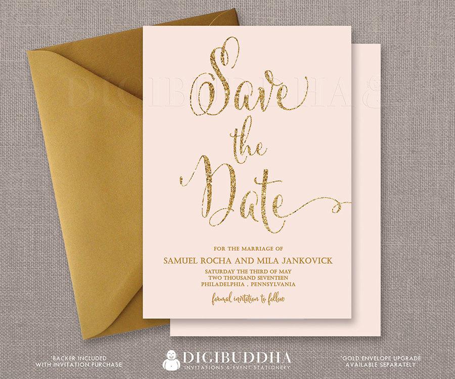 Mariage - Blush Pink & Gold Save The Date Cards Gold Glitter Modern Boho Chic Glam Pastel Pink Invites FREE PRIORITY SHIPPING or DiY Printable- Mila