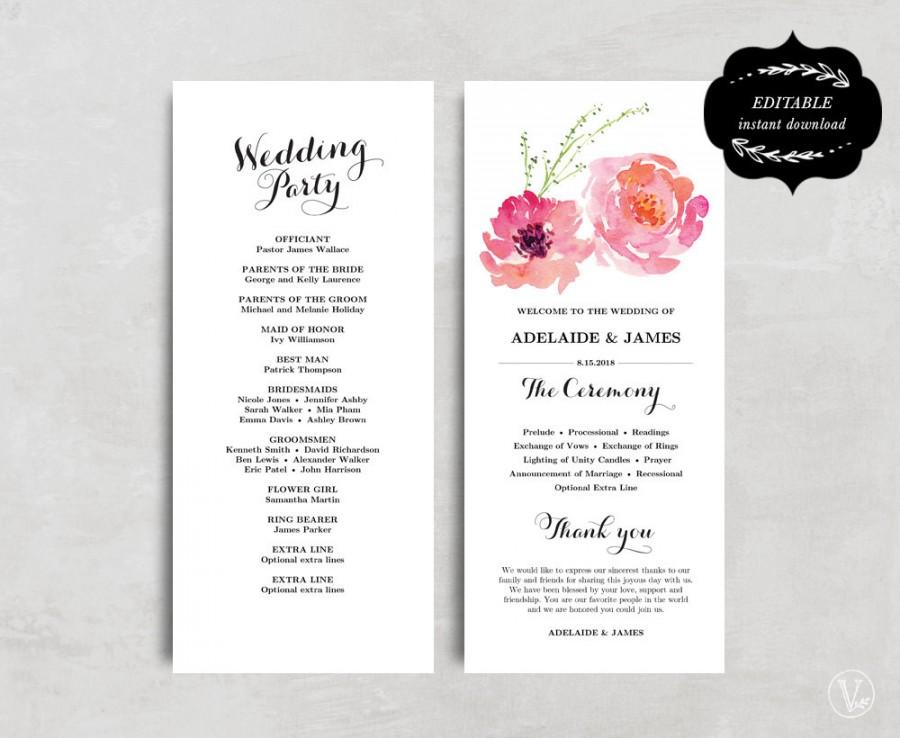 Wedding - Printable wedding program template, Peony Floral Wedding Program, DIY wedding program. Editable text, 4"x9.25", Pink Peony, VW13