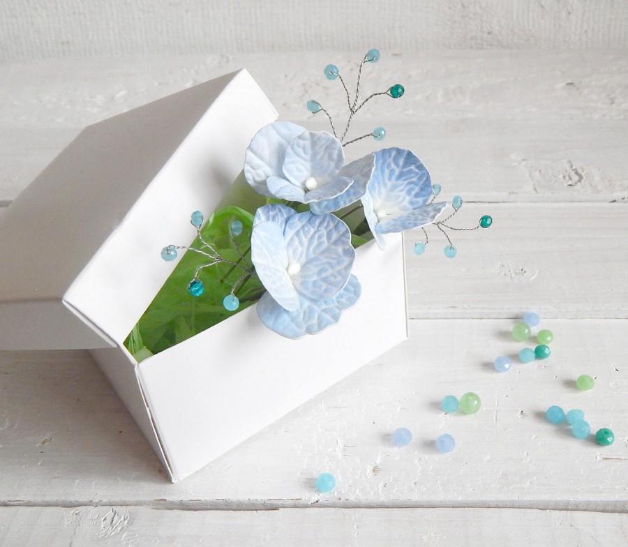 زفاف - Blue hydrangea, Floral hair pins, Realistic small flowers, Blue flower hair piece, Bridal hairpins, Floral headpiece, Wedding hair piece - $18.00 USD