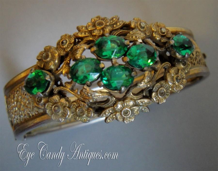 Hochzeit - Vintage Victorian Bangle Bracelet in Emerald Green Rhinestone and Russian Gold tone filigree with tiny marcasite stones antique jewelry gift