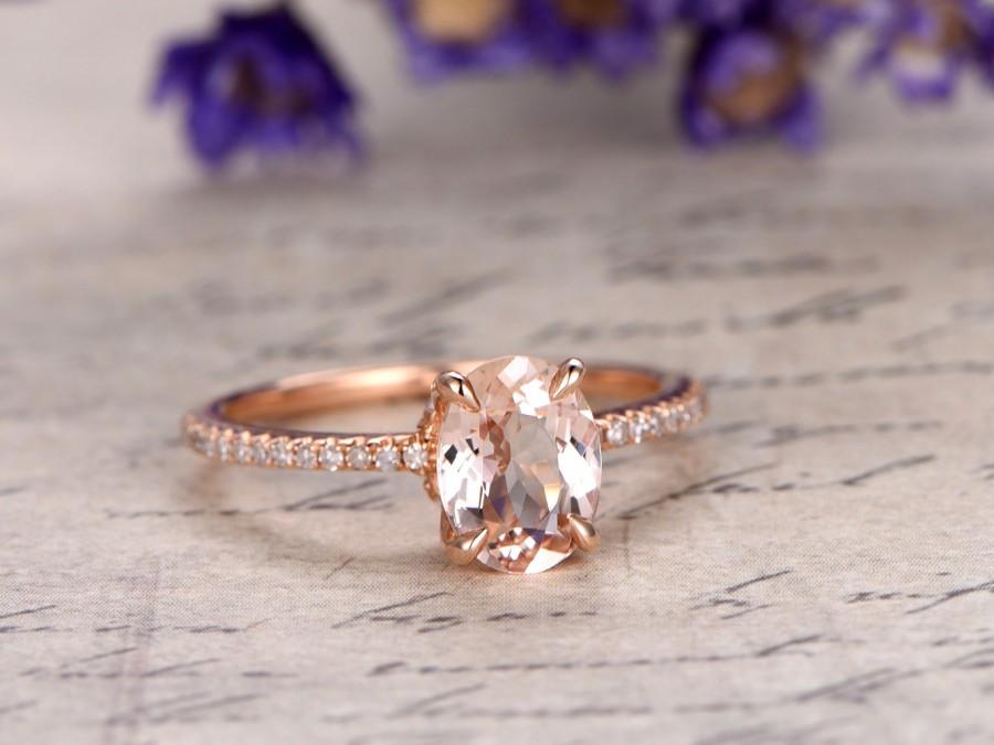 Mariage - Morganite engagement ring with diamond,Solid 14k Rose gold wedding ring,6x8mm Oval cut gem bridfal ring,custom made fine jewelry,prong set