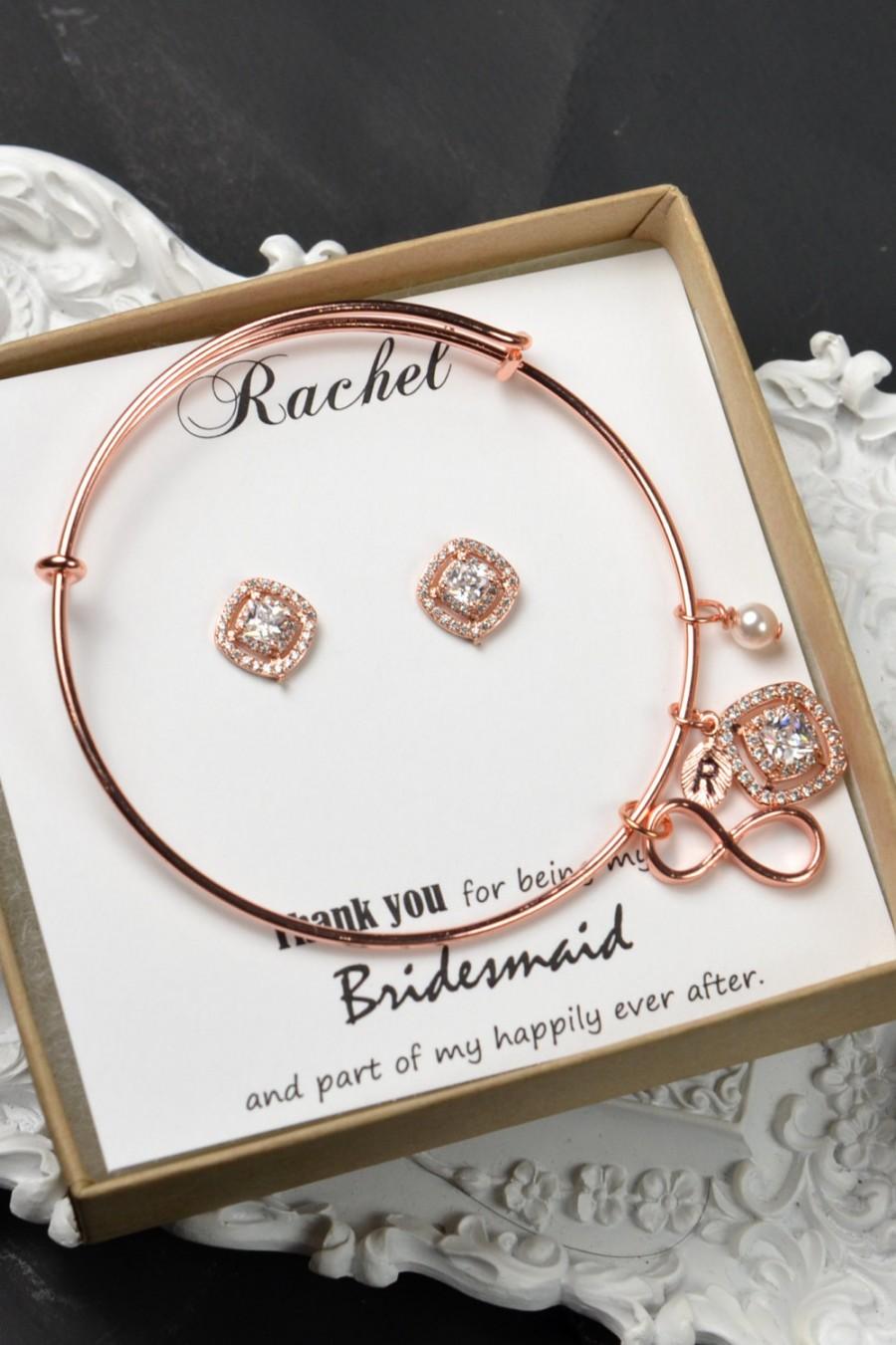 زفاف - Rose Gold Earrings, Rose Gold Bracelet, Bridal Bracelet and Earrings Set, Rose Gold jewelry set,Personalized Bridesmaids Gift
