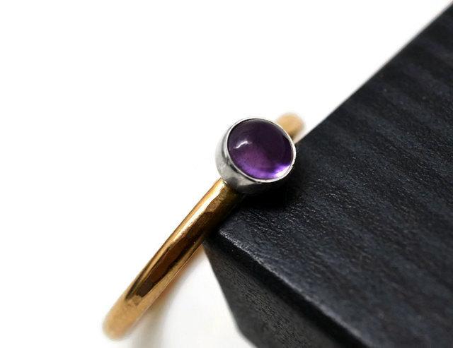 زفاف - 5mm Purple African Amethyst Promise Ring, Silver Bezel & 14k Gold Filled Band, Natural Crystal Promise Jewelry