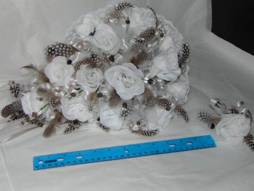 Wedding - WILLOWY FEATHERS Delicately Beautiful Bridal Cascade with White Roses, Crystals, Glass Beads and Speckled Feathers. Includes Boutonniere.