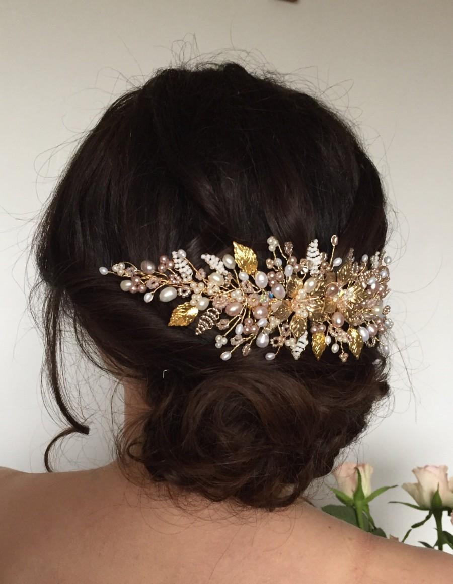 زفاف - Wedding Hair Vine, Pearl and Crystal Hair Vine, Bridal Comb, Pink, Gold, Hairpiece,Tiara, Headdress, Hair Flowers