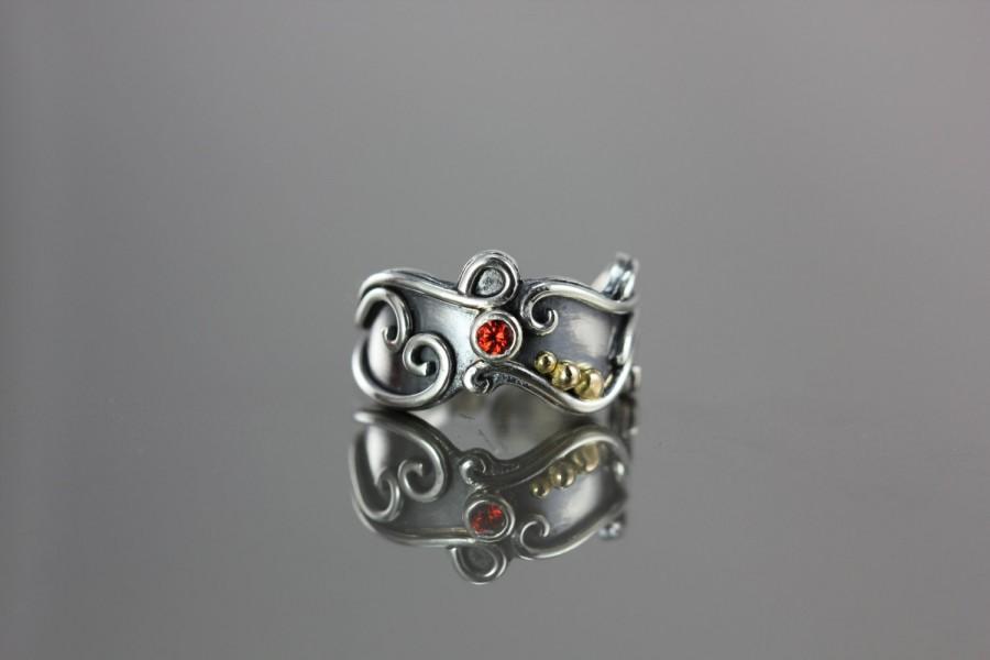 Свадьба - Size 5.75 Adjustable - Red Orange Sapphire Script Filigree Ring - Sterling Silver and 14k Yellow Gold - Wedding Engagement Promise Ring