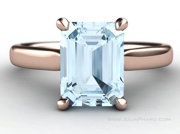 زفاف - Emerald Cut Aquamarine 14K Rose Gold Solitaire Engagement Ring