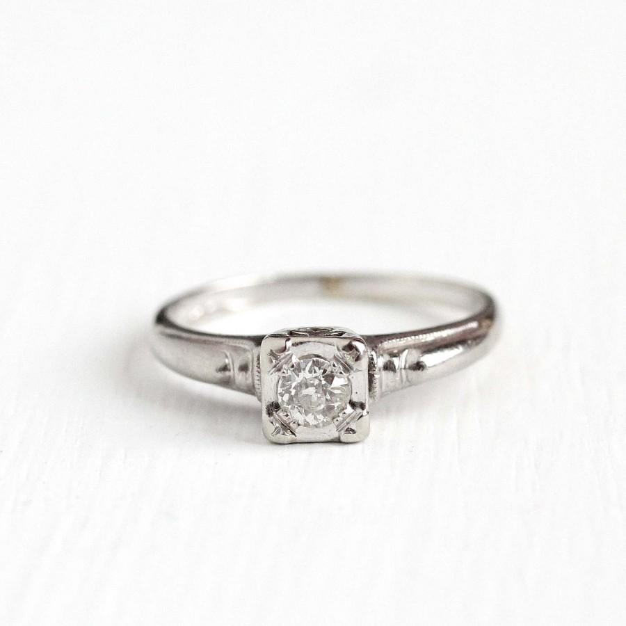 زفاف - Sale - Vintage 14k White Gold 1/5 Carat Old European Cut Diamond Ring - 1940s Size 6 1/4 Solitaire Wedding Engagement Fine Bridal Jewelry