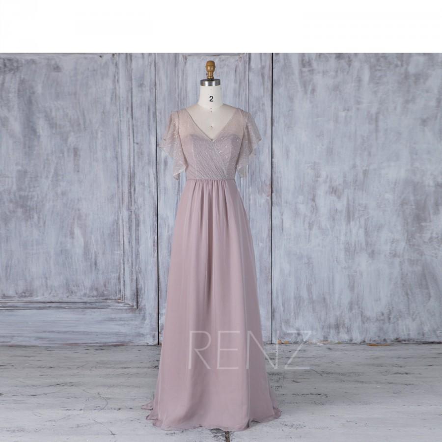 زفاف - 2017 Rose Gray Chiffon Bridesmaid Dress, Ruffle Sleeves Mesh Wedding Dress, Sweetheart Illusion Prom Dress, V Neck Evening Gown Full (J211)