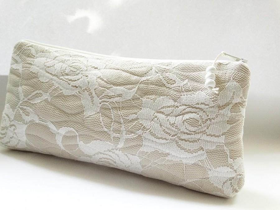 Wedding - Lace Roses Clutch for Bride, Ivory Roses Wedding Clutch, Bridal Shower Gift Purse, Bride Lace Wristlet