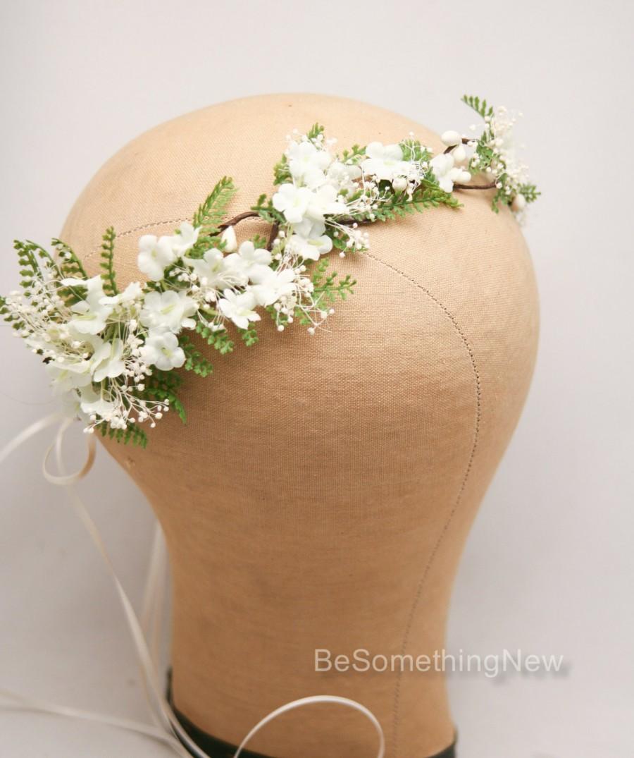 Wedding - Rustic Flower Crown of Ivory Flowers and Green Fern Woodland Wedding Hair Halo Flower Crown Boho Wedding Babies Breath Bridal Hair Wreath
