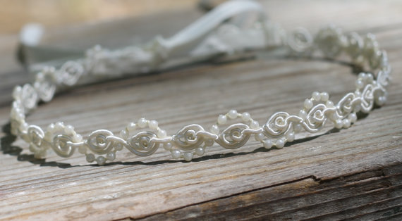 Свадьба - Flower Girl Headband Pearls and Lace Ivory or White Wedding Bridal, Christening, Child Headband Baby Girl