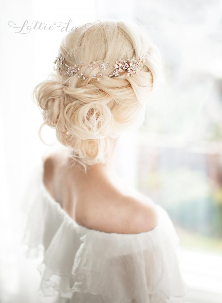 Hochzeit - Rose Gold Crown Hair Vine Headband, Halo Hair Wreath, Forehead band, Wedding Hair Vine, Boho Wedding Headpiece - 'EVE'
