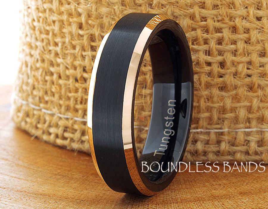 زفاف - Tungsten Wedding Ring Black Rose Gold Plated Beveled Edges 6mm Tungsten Ring Anniversary Ring Promise Ring Comfort Fit Free Laser Engraving