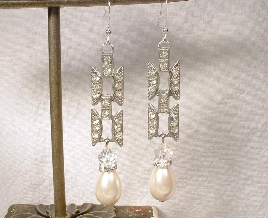 زفاف - Antique Art Deco 1920s Bridal Earrings, Sterling Silver Rhinestone Pearl Drops, Vintage Long Paste Crystal Statement Dangle Gatsby Wedding