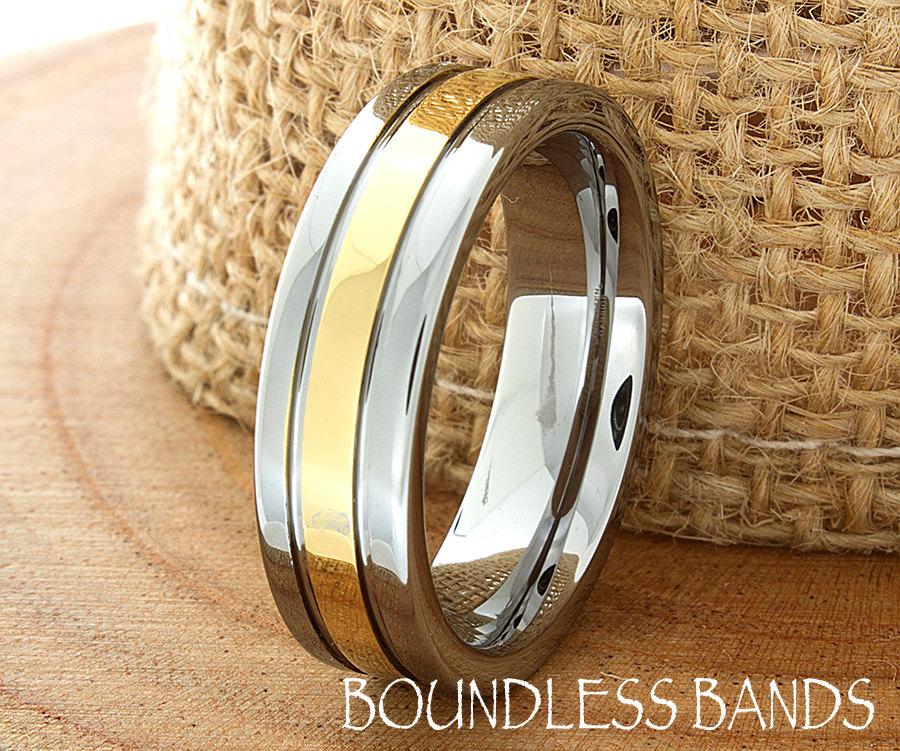 Wedding - Gold Plated Tungsten Wedding Band Two Tone Anniversary Band His Hers Custom Laser Engraved New Design Modern Men Women Wedding Rings Ring