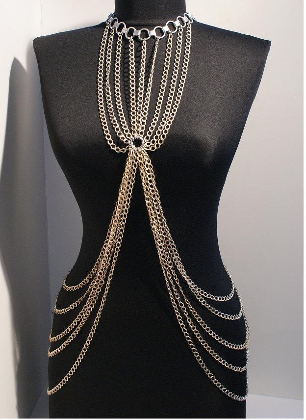 Wedding - silver body chain necklace, chain fashion, body jewelry, festival jewelry, body chain jewelry, harness body chain necklace, - $72.00 USD