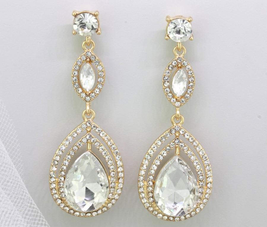 Hochzeit - Bridal Earrings,Gold Crystal TearDrop Chandelier Stud Earrings,Bridesmaid Wedding Earrings Gift Jewelry,Dangle Earrings,Prom Earrings