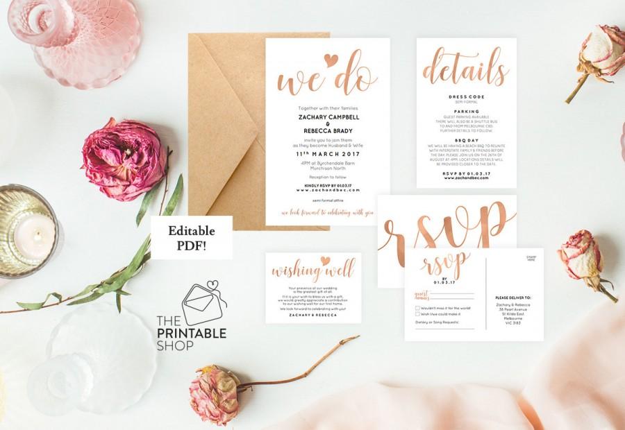 Свадьба - Editable wedding invitation template download, Printable wedding invitation, Rose gold wedding invitation, Rose gold wedding invites