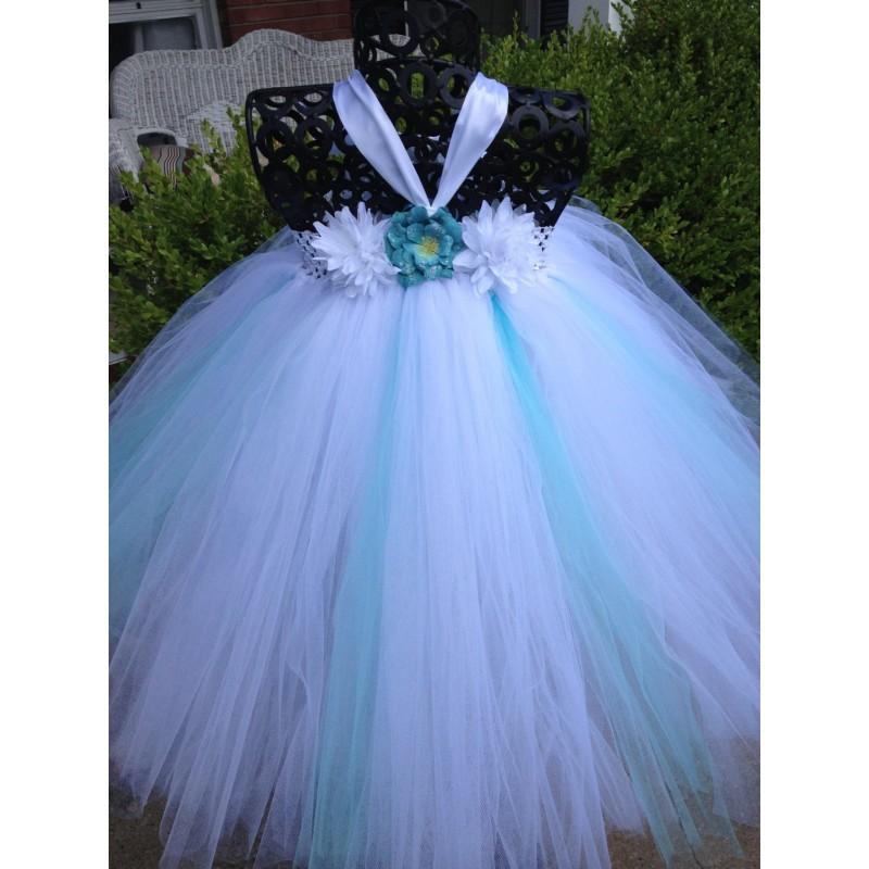 Mariage - White with slight Aqua Blue accents Couture Flower Girl Tutu Dress/ Shabby Chic Wedding/ Rustic Wedding/ Country Wedding - Hand-made Beautiful Dresses