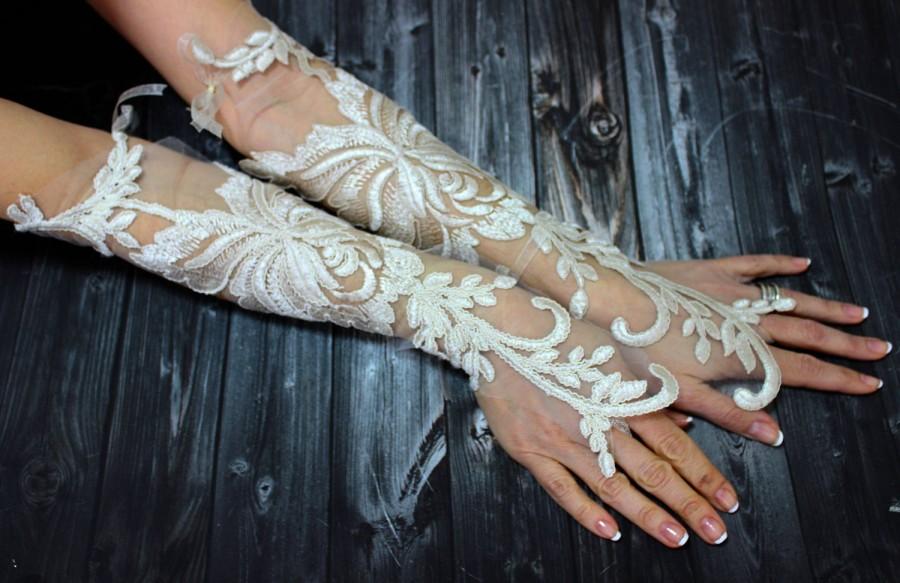 Hochzeit - Long champaigne wedding gloves, bridal gloves fingerless lace gloves french lace gloves light beige gloves - $71.00 USD