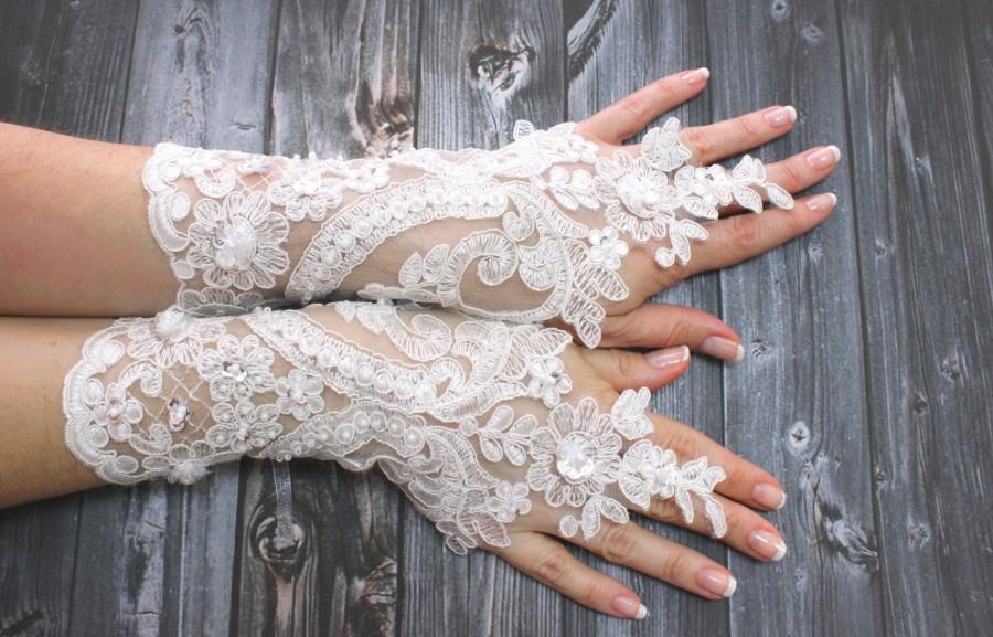 Mariage - White Lace Wedding Gloves Shiny Beaded, Top Sellers, Lace mittens, French Lace Long Gloves, Gothic Lace Gloves, Bridal Wedding - $59.00 USD