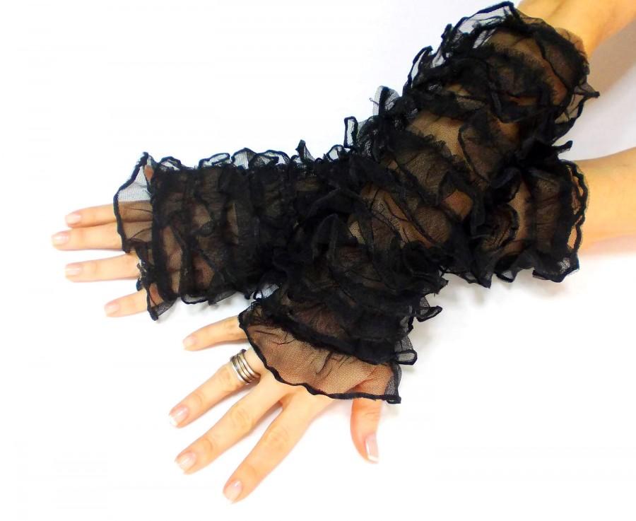 Hochzeit - Black long gloves, tulle frilly steampunk gloves, gothic dark tribal costume dance cuffs, vamp accessories - $40.00 USD
