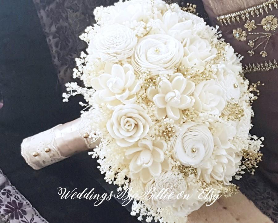 Свадьба - Ivory Champagne Sola Bouquet, Ivory Gold Sola Wedding Flowers, Rustic Wedding, Alternative Bouquet,Bridal Accessories,Keepsake Bouquet, Sola