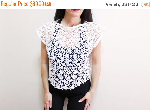 Wedding - ON SALE On Sale, Lace Mini Blouse, White sleeveless lace top, Party dress, Sexy bikini top, Unique lace clothing, Crochet sexy woman suit - $75.65 USD