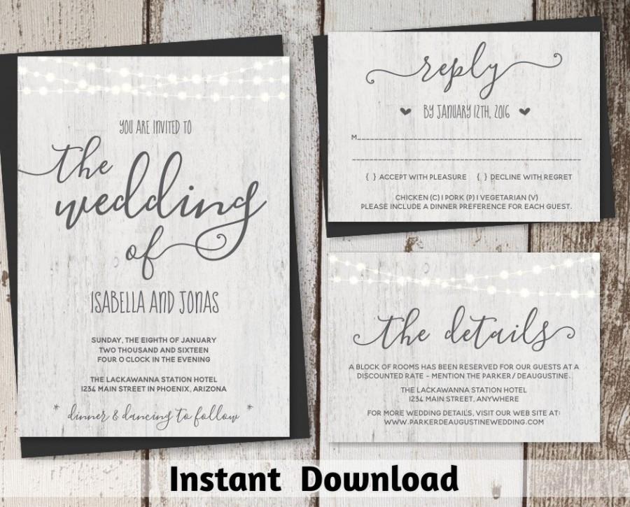 Hochzeit - Rustic Wedding Invitation Template Printable Set - Fairy Lights, Wood Background, Calligraphy 