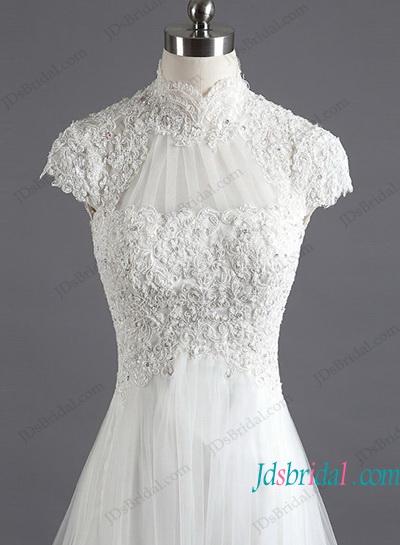 زفاف - H1193 Illusion lace high neck short sleeved wedding dress
