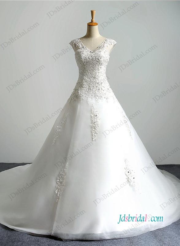 Wedding - H1194 Illusion lace v neckline organza ball gown wedding dress