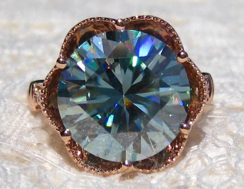 زفاف - Blue Moissanite in Rose Gold PEONY Ring, Moissanite Engagement Ring, Rose Gold Engagement Ring