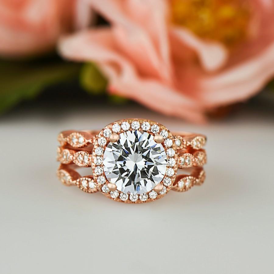 Hochzeit - 2.25 ctw Wedding Set, Man Made Diamond Simulants, 3 Art Deco Half Eternity Bands, Halo Engagement Ring, Sterling Silver, Rose Gold Plated