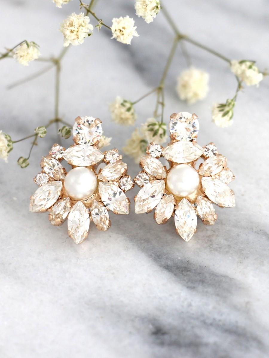 Mariage - Bridal earrings, Bridal Cluster earrings,Bridal Pearl Earrings, Swarovski Bridal earrings, White Crystal Vintage Earrings, Gift for her
