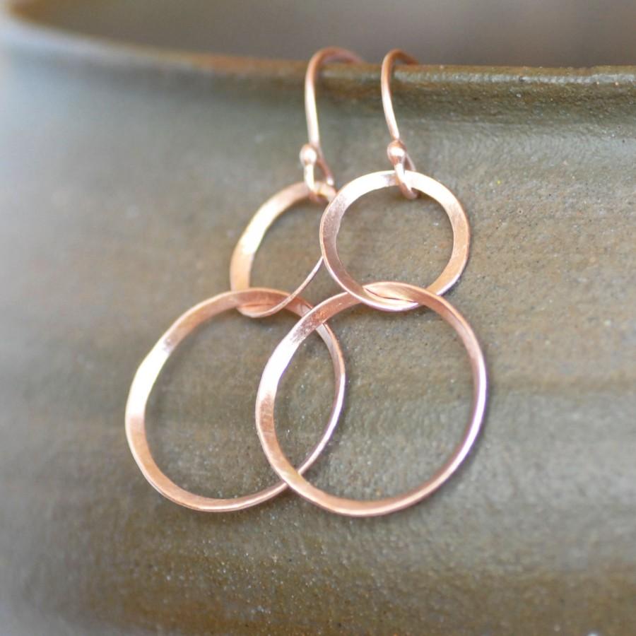 Mariage - Rose Gold Ribbon Earrings - Double Hoop Dangle Gold Earrings - Rose Gold Circle Earrings