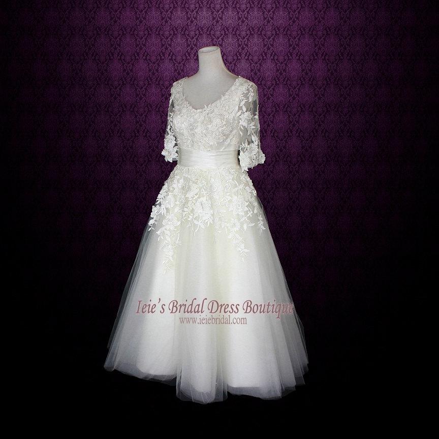 Mariage - Retro Wedding Dress Tea Length Wedding Dress Long Sleeves Wedding Dress Vintage Wedding Dress 