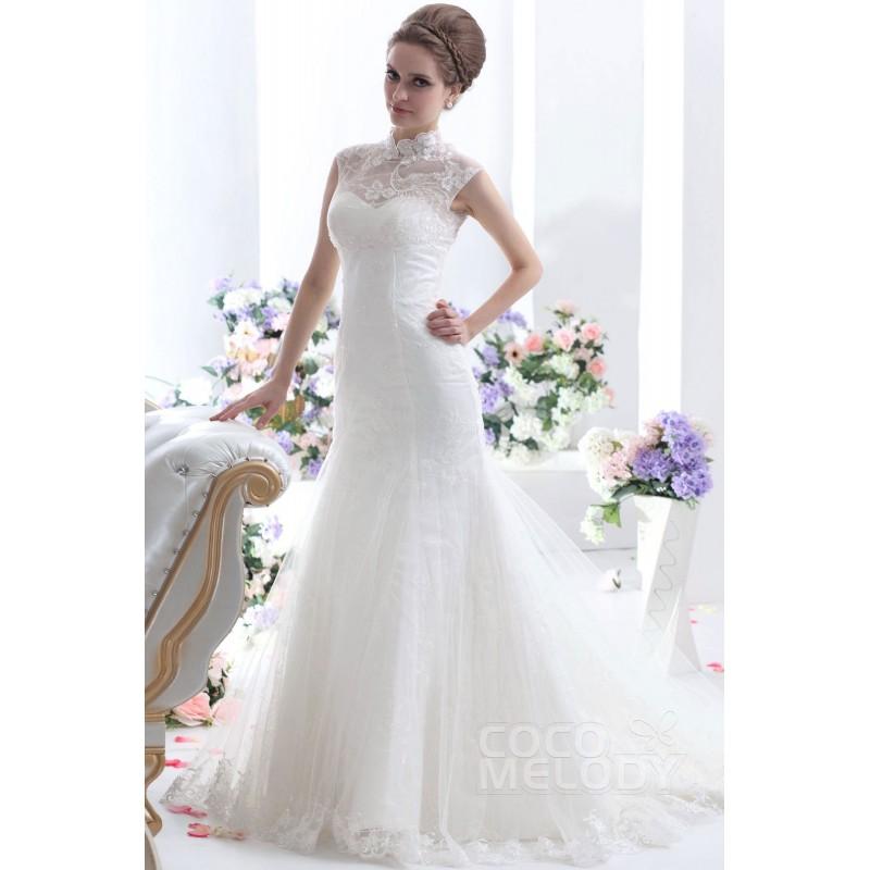 زفاف - Queenly Trumpet-Mermaid High Neck Chapel Train Tulle Wedding Dress CWUT13007 - Top Designer Wedding Online-Shop
