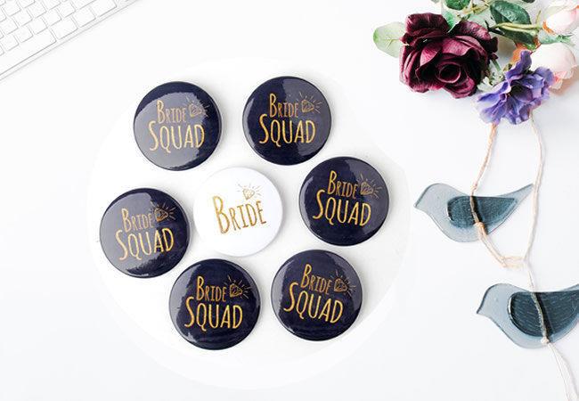 Wedding - Bride Squad Pins, Bachelorette Party, Hen Night Badges, Bride Button, Black and Gold Badges, Last Fling, Bright White, Classy Bridal Shower