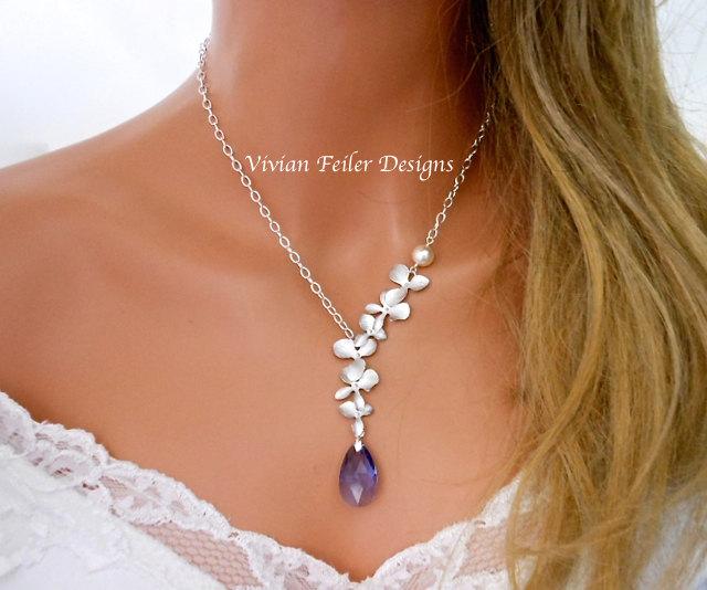Hochzeit - Purple Wedding Jewelry Tanzanite Orchid Necklace Pearl Bridal Jewelry Bridesmaid Gift Wedding Jewellery