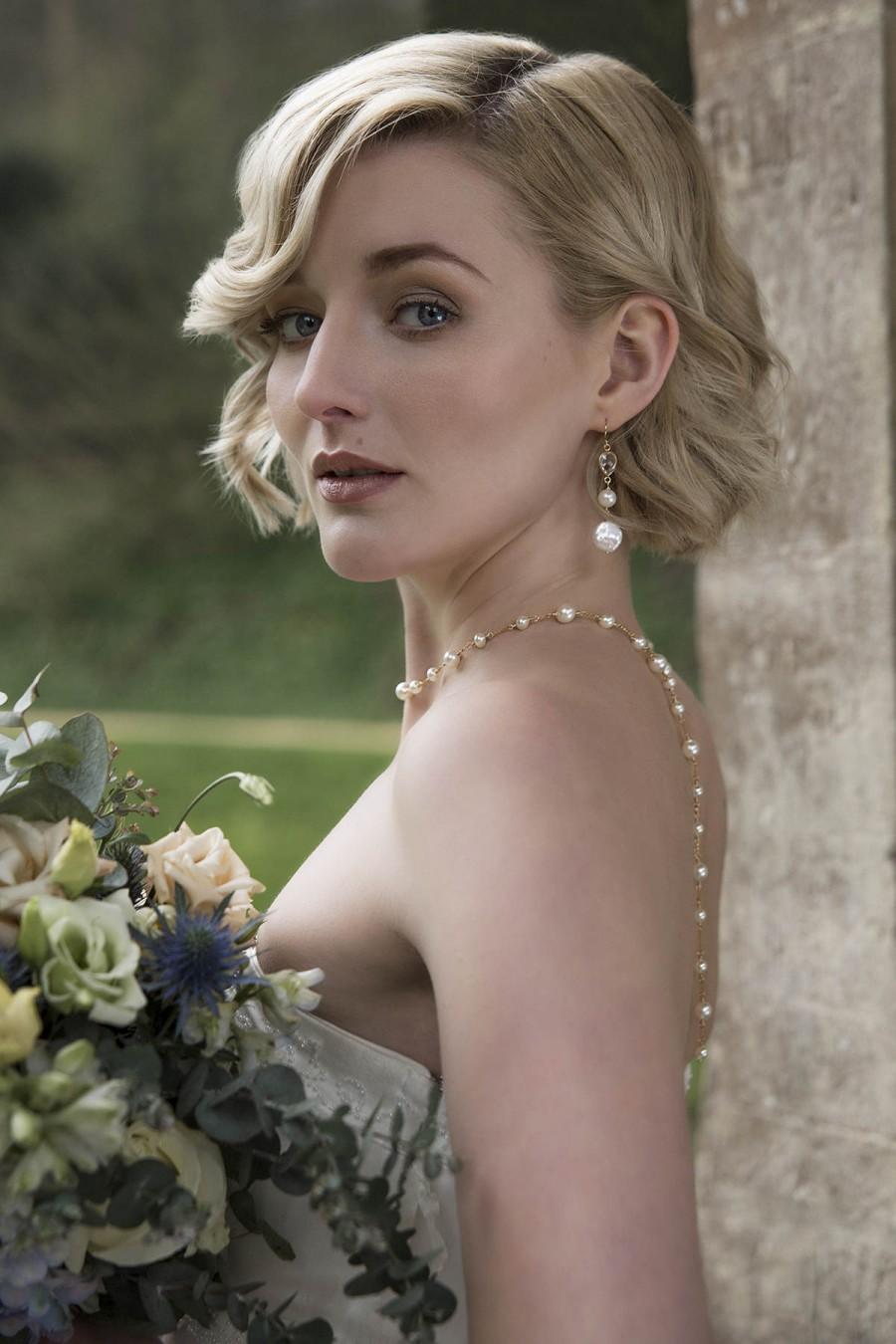 Mariage - Crystal and pearl bridal earrings, long pearl wedding earrings, pearl statement earrings, pearl and crystal earrings - Alicia