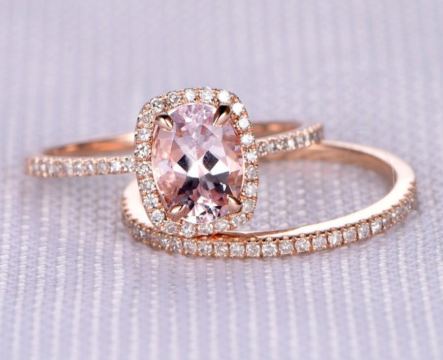 Wedding - 2pcs Wedding Ring Set,6x8mm Oval Cut pink Morganite Engagement ring,14k Rose gold,diamond Matching Band,Personalized for him/her,Custom