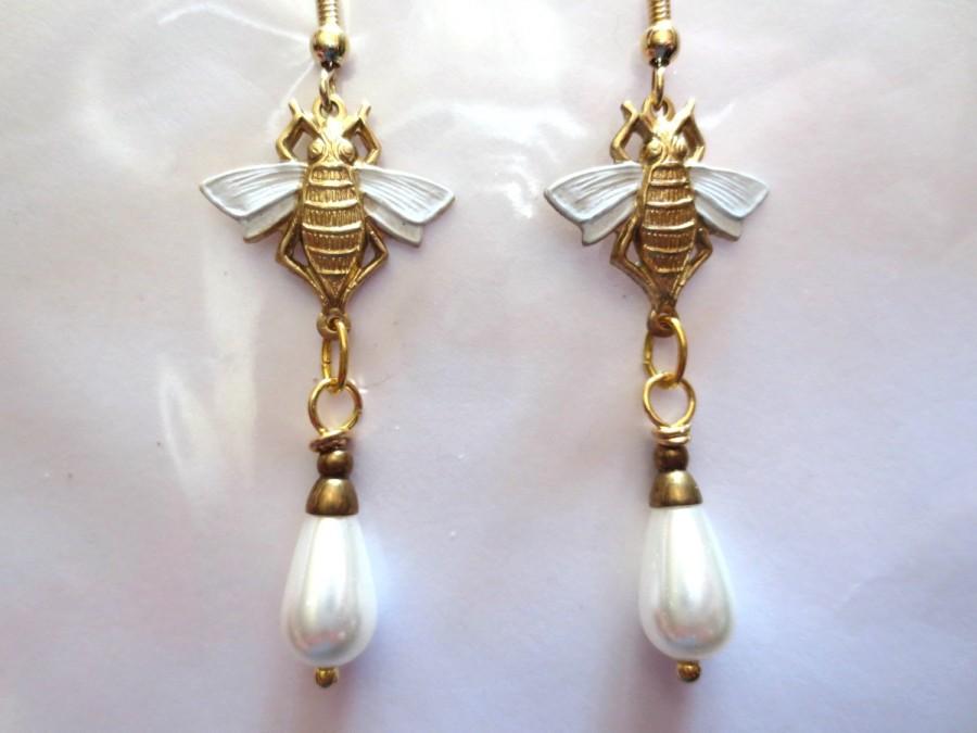 Mariage - Art Nouveau earrings bridal earrings Art Deco wedding earrings Victorian earrings Edwardian vintage style bridal pearl drop bee earrings