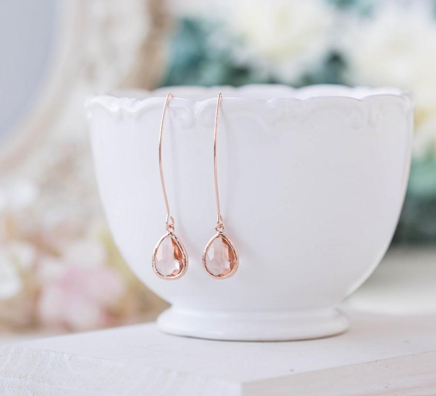 Mariage - Rose Gold Peach Champagne Earrings, Rose Gold Wedding Bridal Earrings, Peach Wedding Jewelry, Bridal Party Bridesmaid Gift, Gift for Her