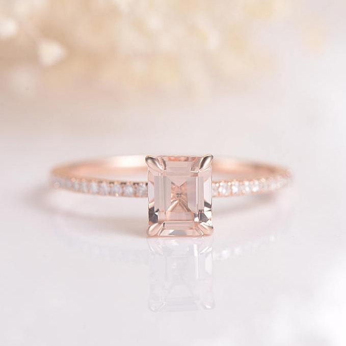 Mariage - Emerald Cut Morganite Engagement Ring Peachy Morganite Ring Half Eternity Ring Diamond Micro Pave Anniversary Wedding Bridal Solitaire Ring