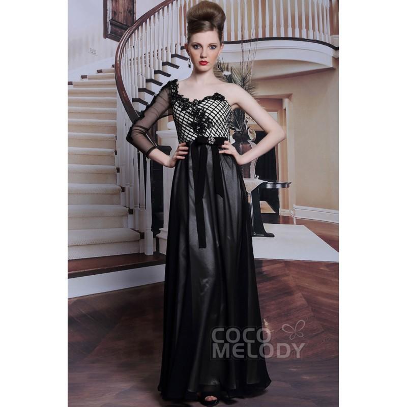 Mariage - Sexy Sheath-Column One Shoulder Natural Floor Length Black Long Sleeve Side Zipper Evening Dress with Sashes and Appliques - Top Designer Wedding Online-Shop